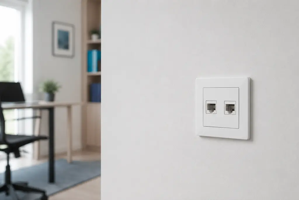 Hotová zapustená dvojitá RJ45 zásuvka s dátovými káblami ukrytými v stene