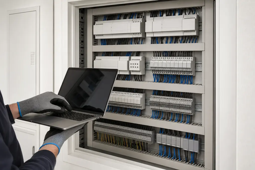 Technik nastavuje prehľadne zapojený rozvádzač systému inteligentnej domácnosti